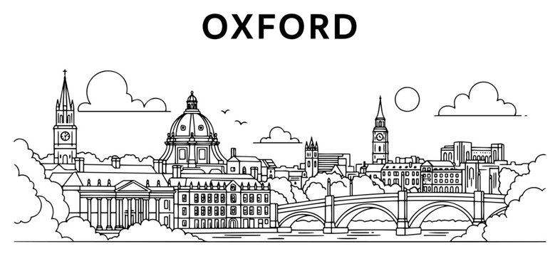 Outline drawing of Oxford city cityscape with bridge and university buildings