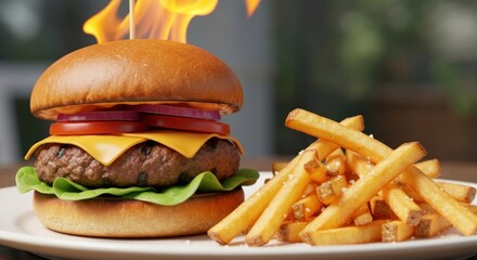 Gourmet burger and fries on a plate, flame detail