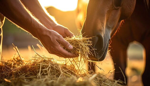 Hands offering hay to a horse at golden hour, close-up on muzzle