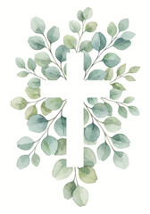 Christianity cross of green eucalyptus leaves. Easter religious symbol. Vector illustration for Epiphany, Christening, baptism, church and holidays. © liana