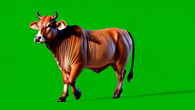 Brown cow standing on green screen with horns and wrinkled skin