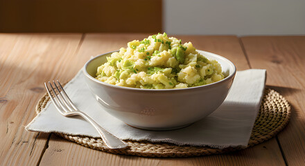 Authentic Irish colcannon dish photographed in a rustic style, featuring mashed potatoes and green cabbage.