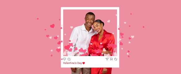 A couple stands close together smiling and looking at the camera. They are in a setting with many heart decorations. It seems they are celebrating a special occasion like Valentine's Day. © Prostock-studio