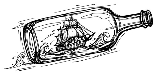Sailing ship inside a glass bottle floating on waves sketch style © Celestynka