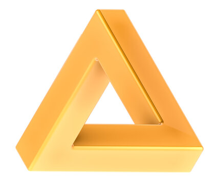 Golden Penrose triangle impossible, optical illusion and paradox, 3d rendering