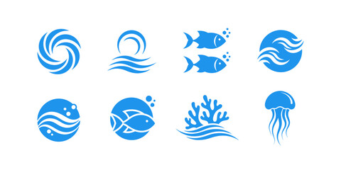 Collection of ocean and marine icons featuring waves, fish, coral, and jellyfish. Clean flat vector design for logos, branding, and sea themes © decor