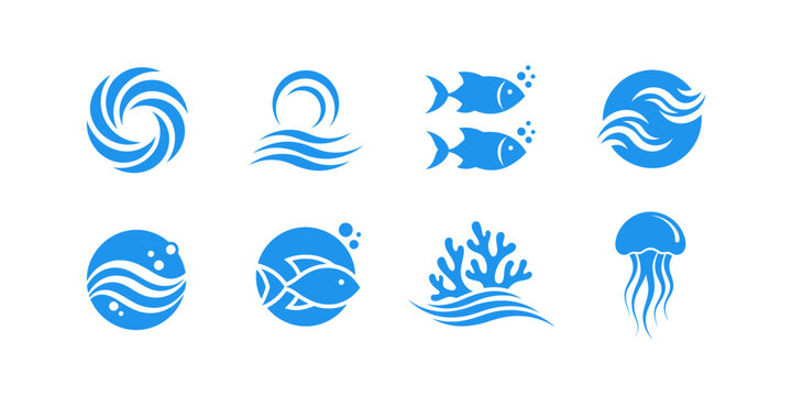 Collection of ocean and marine icons featuring waves, fish, coral, and jellyfish. Clean flat vector design for logos, branding, and sea themes