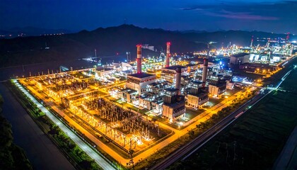 Obraz premium Industrial complex illuminated at night, nestled near mountains, power station, and a river. Aerial perspective view