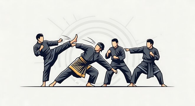 Martial Arts Training Illustration with Four Men.