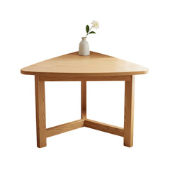 Minimalist triangular wooden coffee table with small white flower in vase