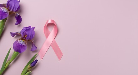 Fototapeta premium Pink Ribbon with Purple Irises on Pink Background, Breast Cancer Awareness