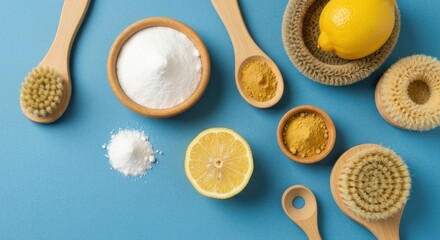 Natural cleaning supplies arranged on a blue surface. Wooden bowls and spoons hold baking soda, lemon juice powder, and a spice