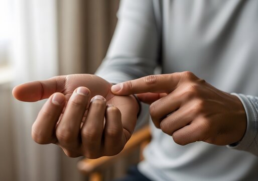 Close Up Of Man Checking Heart Rate Pulse On Wrist To Monitor Health And Fitness Level