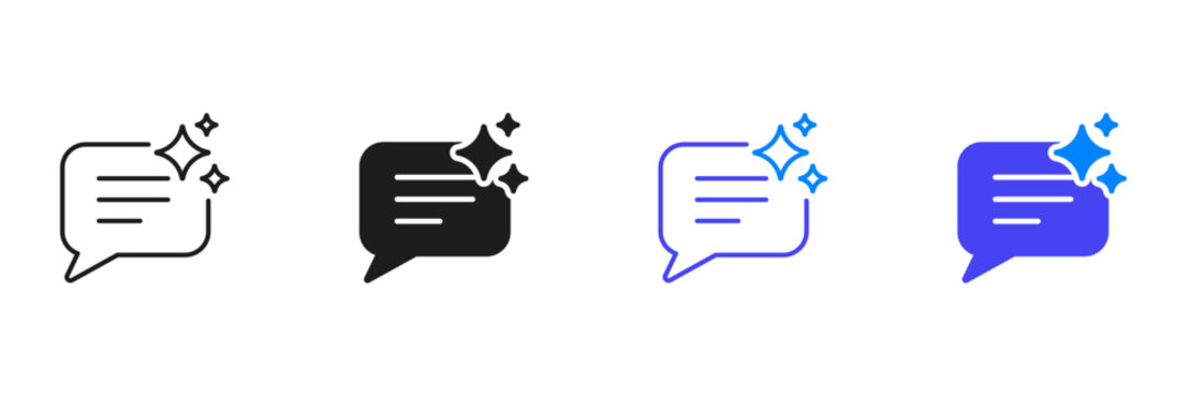 Speech Bubble With Sparkles Line And Solid Icon Set. AI Chat Assistant Outline And Silhouette Symbol Collection. Chat Bot Icon. Symbol of Generative Content. Isolated Vector Illustration