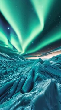 Icebergs rise against the sky in front of a vibrant aurora. A dramatic space and nature scene.