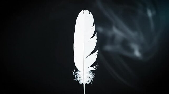 A delicate white feather suspended in the air with subtle smoke effects against a dark, moody background, conveying a sense of lightness and ephemerality