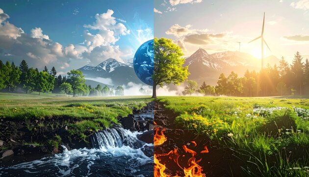 Ecological Symphony: A visual representation of the earth, split in half to illustrate the duality of environmental harmony and turmoil.