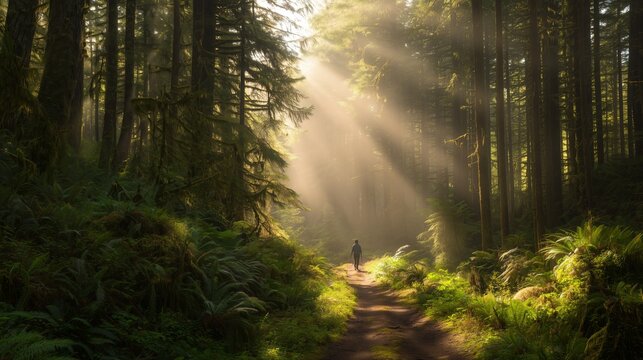 Person walking on a forest path with sunlight filtering through trees in the morning