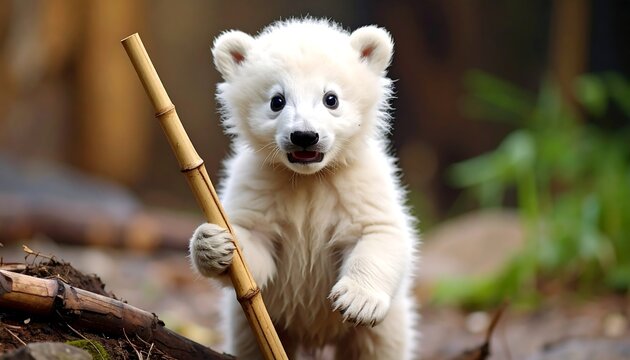 Fluffy polar bear cub stands holding bamboo in natural setting, expressing curiosity with its adorable, innocent eyes
