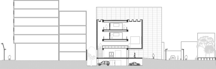 Architectural street section drawing featuring building outlines, a detailed multi-level house with a garage, cars, and surrounding urban landscape. © Riki