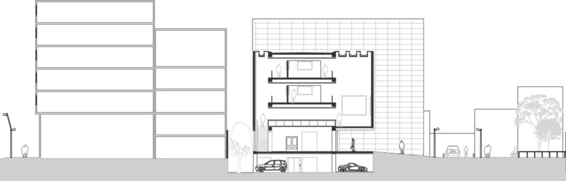 Architectural street section drawing featuring building outlines, a detailed multi-level house with a garage, cars, and surrounding urban landscape.