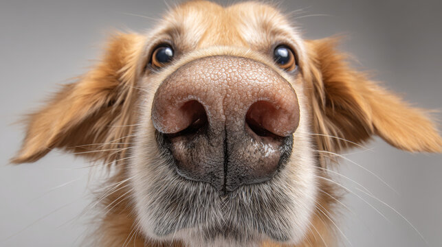 Golden retriever dog sniffing curiously, capturing a detailed macro close-up of its wet nose, large nostrils, and the textured skin of its snout against a plain background