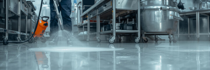 Fototapeta premium A close-up of a man washing the floor in a professional kitchen with a high-pressure cleaner.