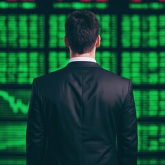 Fototapeta premium A businessman in a suit stands facing a large screen filled with green stock market data and graphs.