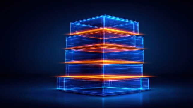 A glowing blue and orange wireframe cube composed of multiple stacked layers on a dark background, representing digital or technology concepts.