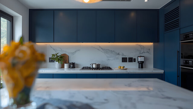 Luxury Modern Dark Blue Kitchen Cabinets with Marble Backsplash