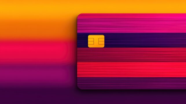 A vibrant, modern credit card design with horizontal stripes in shades of purple, red, and pink, set against a warm gradient background.