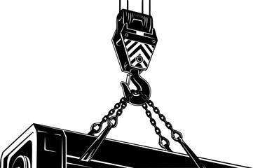 Industrial crane hook lifting heavy equipment with multiple chains and clasps &ndash; Black and White Vector Illustration