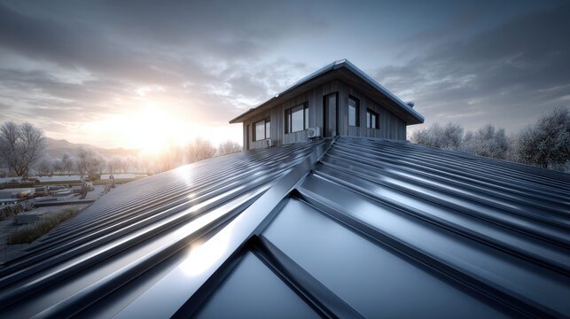 Modern metal roof on a house with a scenic winter landscape and sunrise