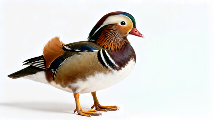 Mandarin duck (Aix galericulata) male standing against a white background.