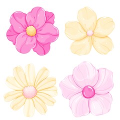 Fototapeta premium Pink and Yellow Spring Flower Set, Isolated Floral Blossoms for Romantic Design.