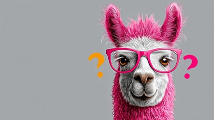 Fototapeta premium Illustration of a whimsical llama with bright pink fur and oversized glasses, featuring colorful question marks on a gray background