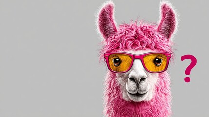 Fototapeta premium Pink llama wearing oversized yellow sunglasses with a playful expression against a gray background, cartoonish style emphasizing vibrant colors and whimsical design