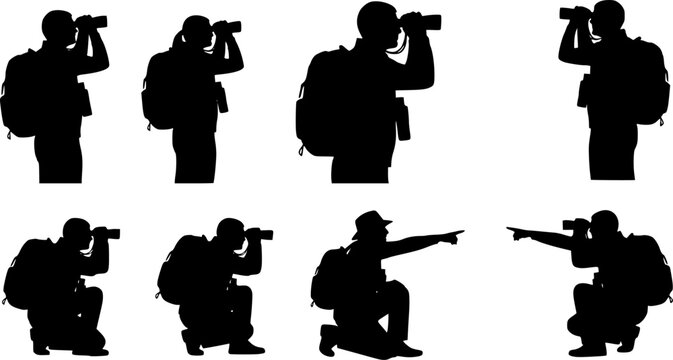 Birdwatching silhouettes with binoculars, outdoor nature observation, educational tour, backpack gear, black figures, pointing gestures, squatting pose, vector illustration