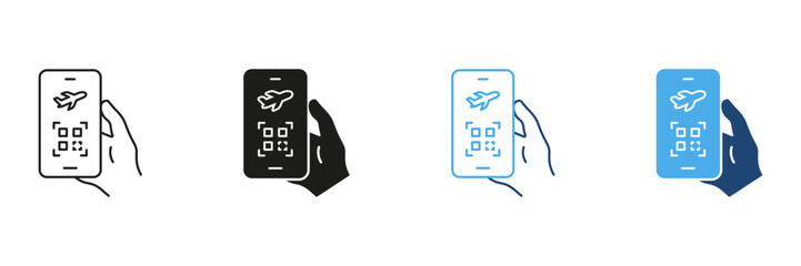 Mobile Boarding Pass With Qr Code Icon Set. Digital Ticketing And Travel Convenience Outline And Silhouette Symbol Collection. Smartphone And Airplane Ticketing. Isolated Vector Illustration