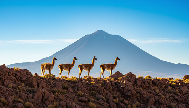Breathtaking landscape of a row of guanacos standing on a rocky ridge with a majestic volcano in the background