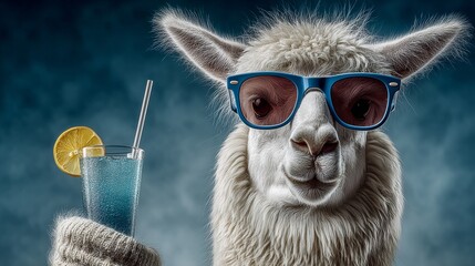 Fototapeta premium Alpaca wearing blue sunglasses holds a blue cocktail with a lemon slice, set against a textured blue background creating a whimsical and playful atmosphere
