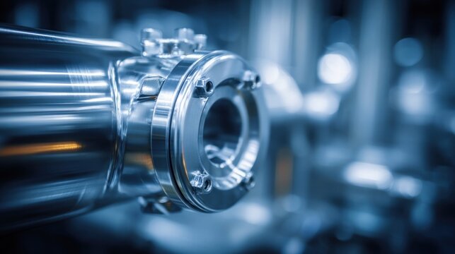 Close-up of polished stainless steel industrial pipe fitting with bolts and flange
