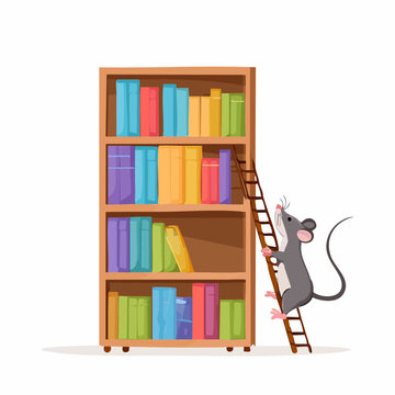 Gray Mouse Climbing Ladder to Bookshelf.