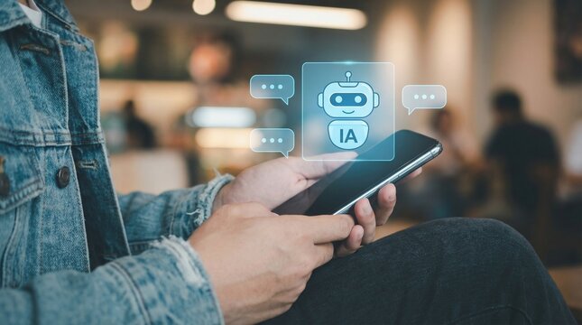 Person using smartphone with holographic AI chatbot assistant and message bubbles interaction.