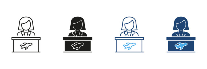 Female Airport Check-In Desk Attendant Icon Set. Airline Customer Service And Travel Assistance Symbol Collection. Aviation Industry And Passenger Support. Isolated Vector Illustration © Toxa2x2