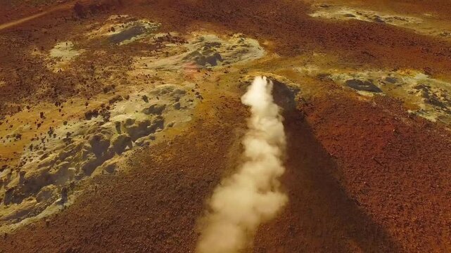 Aerial footage of a steam vent in the Hverir geothermal area near Lake Myvatn in Iceland