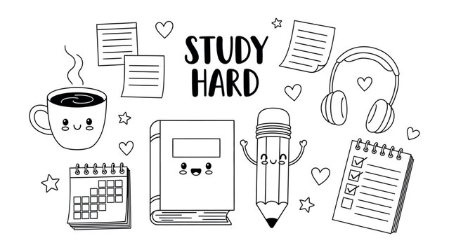 Study Hard Motivational Illustration: A whimsical illustration with a notebook, pencil, coffee, calendar, and headphones, the image promotes diligence and perseverance.