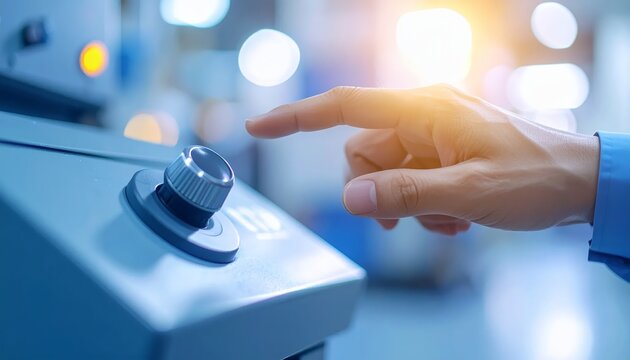 Close-up of a hand pressing a button on an industrial machine with a blurred background and lens flare.