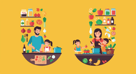 Obraz premium Flat vector illustration showing two families, each with a parent and children, joyfully preparing healthy meals with fresh ingredients.