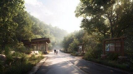 Visitors walk along a path in a nature park surrounded by trees in the morning light